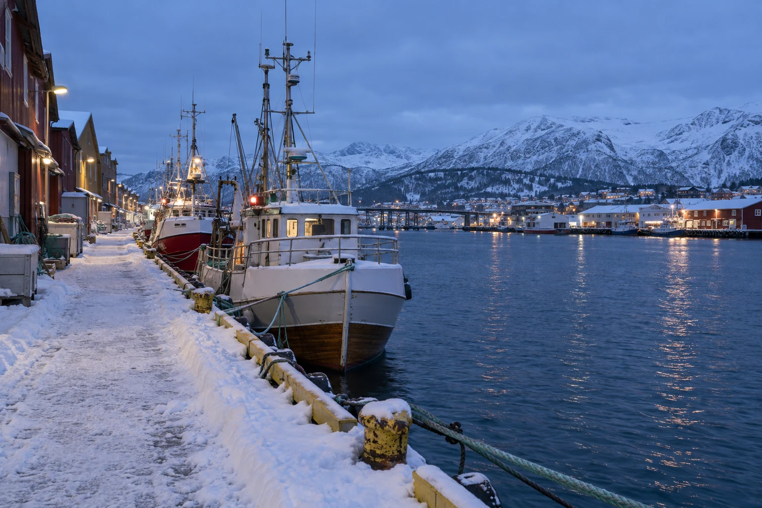 La luce blu sul porto artico di Tromsø